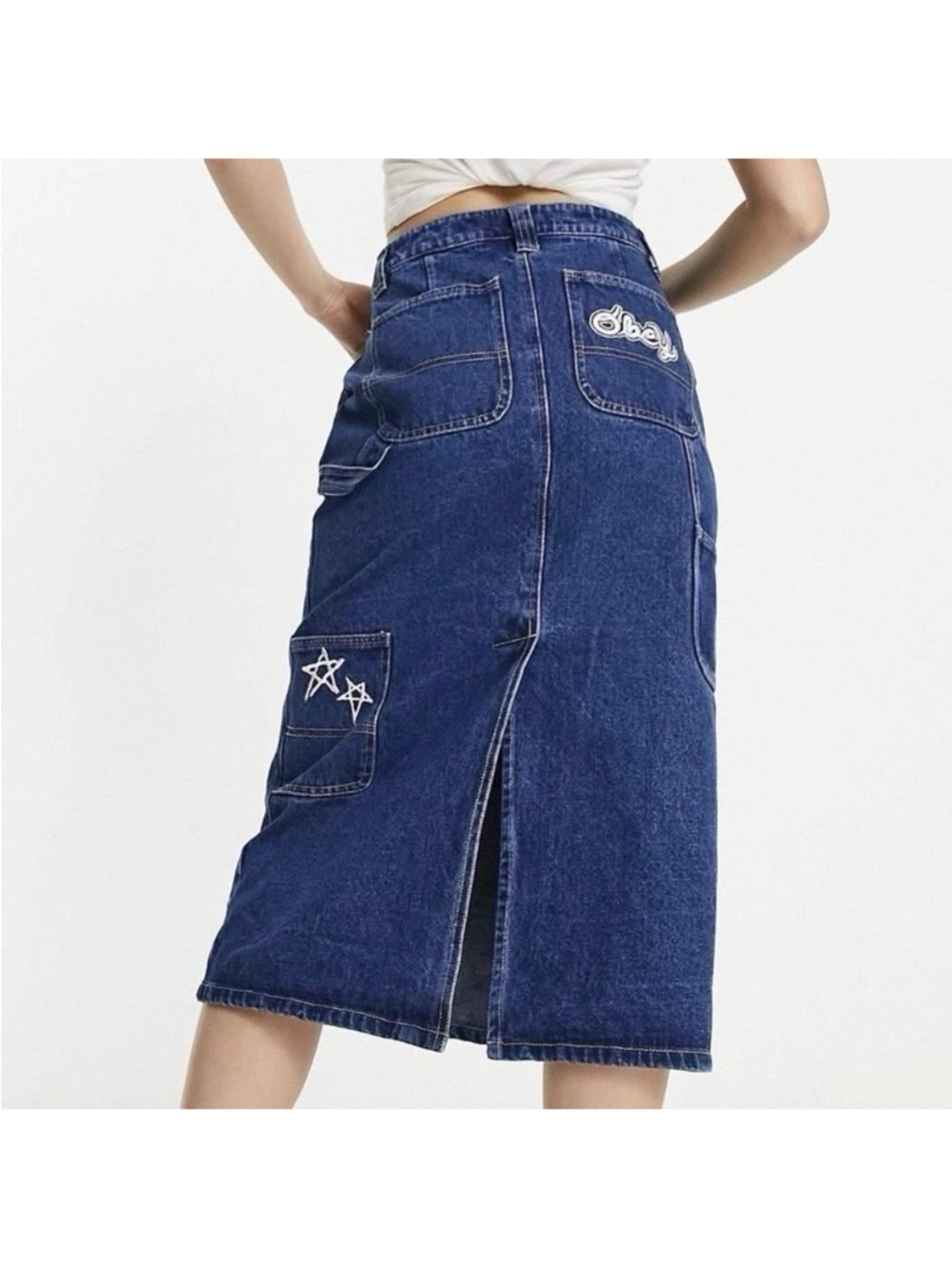 Obey Juniper Midi Denim Skirt SZ 26 Embroidered Pockets Skater Punk Streetwear
